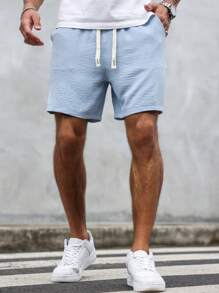 Manfinity Homme 男士纯色抽绳休闲短裤，带口袋，仿亚麻冰丝面料 - 霧霾藍 - 查看 4