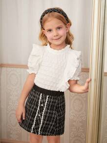 SHEIN 2pcs/Set Little Girls Elegant Commute Casual Ruffle Collar Puff Sleeve T-Shirt And Boucle A-Line Skirt Outfit, Back To School
