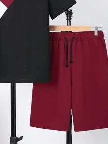 SHEIN Ensemble De T-shirt Décontracté Pour Adolescent Avec Blocs De Couleurs Et Shorts De Poche Avec Cordon De Serrage De Couleur Unie - Multicolore - Voir 5