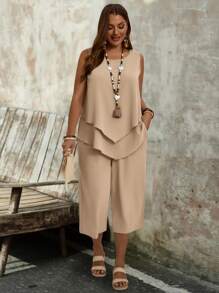 EMERY ROSE Plus Size Women's Simple Beige Sleeveless Top And 3/4 Pants 2pcs Set, Vacation Outfits, Boho Soft Form, Summer Vacation - Khaki - View 3