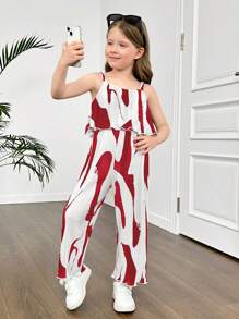 SHEIN Young Girl Wide Strap Asymmetric Pattern Jumpsuit With Ruffled Fabric - Red - View 1