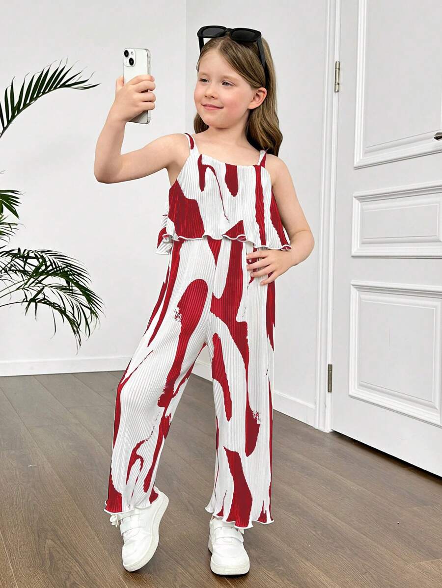 SHEIN Young Girl Wide Strap Asymmetric Pattern Jumpsuit With Ruffled Fabric - Red - View 1