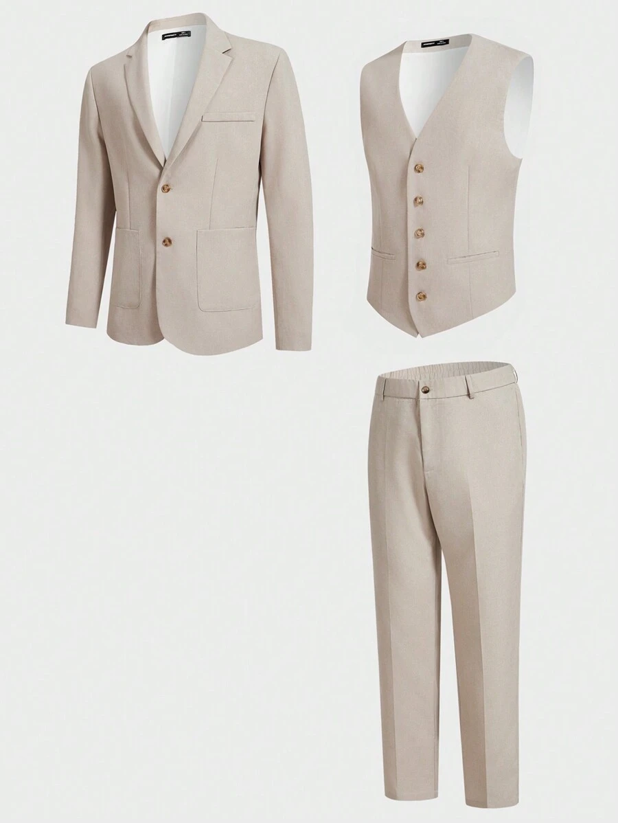 Manfinity VCAY Men's 3pcs Woven Casual Suit Jacket Set For Spring And Autumn - Apricot - View 1