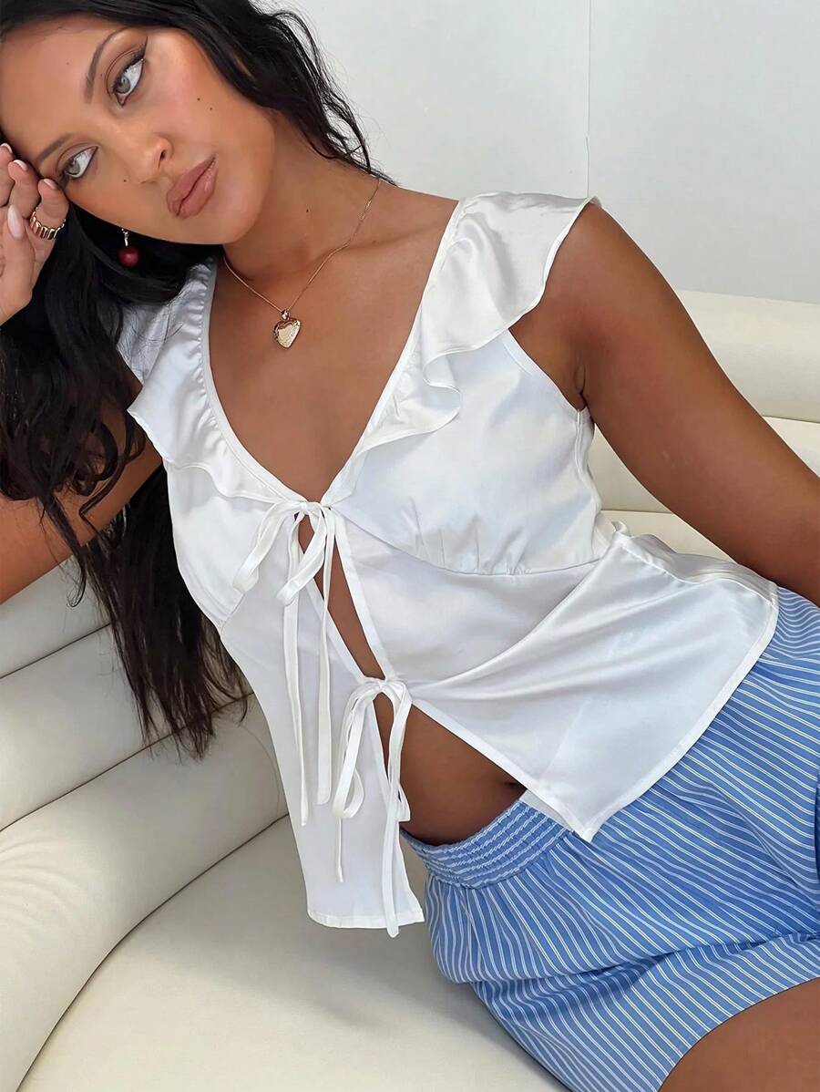 INAWLY Ruffle Trim Tie Front Blouse For Summer - White - View 1