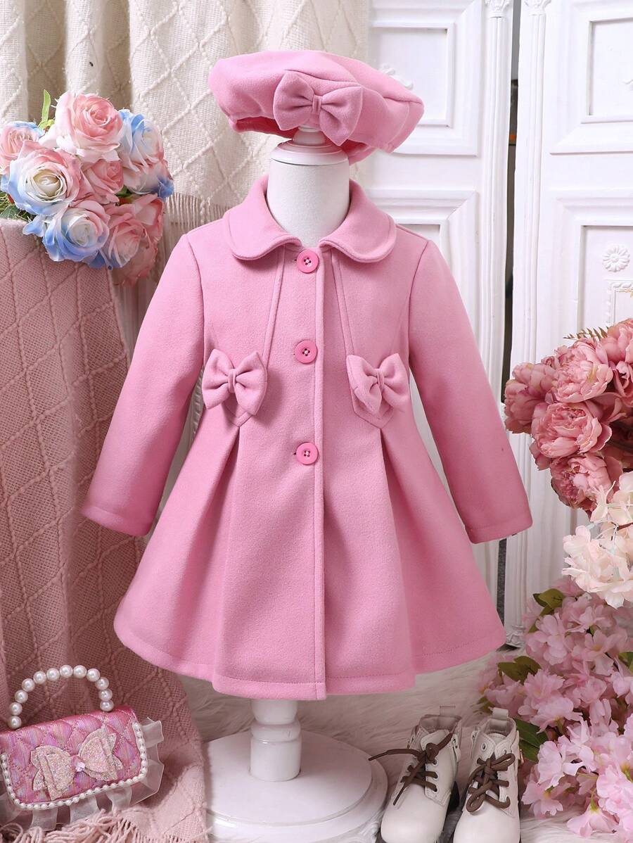 SHEIN Elladie kids Young Girl Commuting/Casual Cute Bow Woolen Coat With Beret