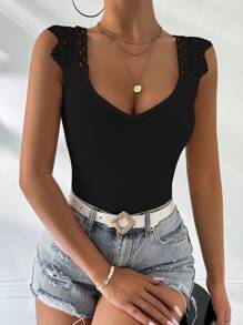 Chiquease Women's Deep V-Neck Lace Contrast Ruffle Ribbed Knit Tank Top - Black - View 3