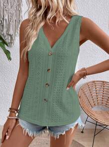 EMERY ROSE Eyelet Embroidery Button Front Tank Top - Green - View 4