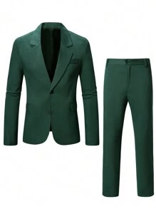 Manfinity Mode Solid Color Front Button Long Sleeve Jacket And Pocketed Long Pants Suit