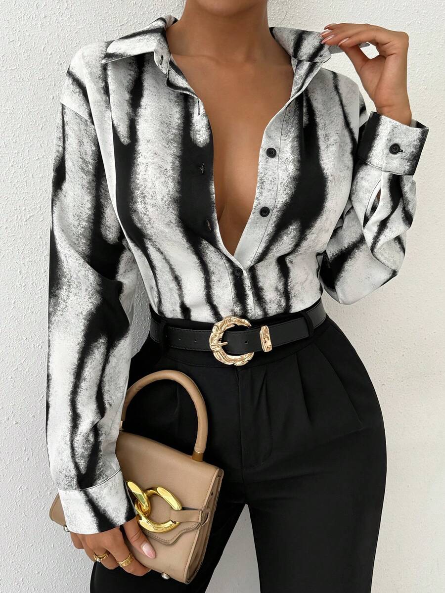 RosyDaze 女士长袖商务休闲衬衫，黑白，秋季