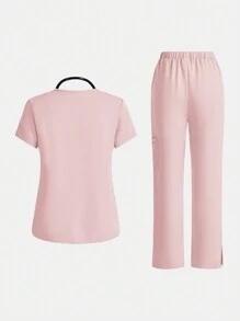 TaskEZ Conjunto de uniforme de enfermera para mujer con coordinación de pantalones y camiseta de manga corta, 2 piezas, para verano - Rosa - Ver 5