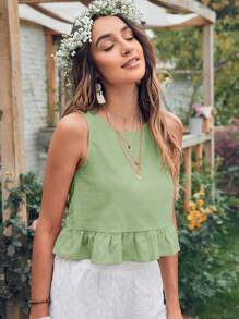 Breezaya Solid Casual Ruffle Hem Top For Summer - Green - View 4
