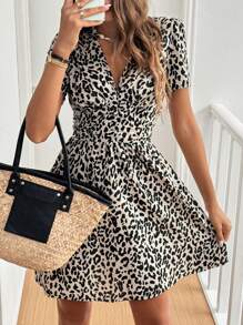SHEIN Frenchy Women's Leopard Print V-Neck Short Sleeve Dress Elegant Dress Date Night Dress Summer Casual