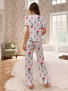 Conjunto de pijama con estampado de mujer, estilo princesa, con volantes de encaje y mangas cortas, conjunto blanco - Blanco - Ver 2