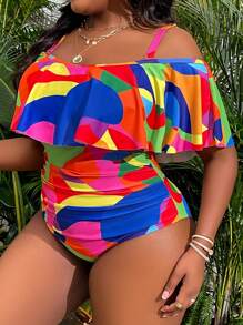 Slaydiva Plus Size Summer Beach Print Ruched Lace Off Shoulder One-Piece Swimsuit - Multicolor - View 5