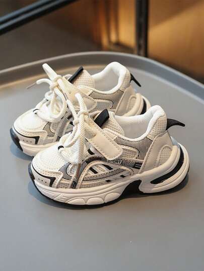 Children's Autumn Fashionable Leisure Color-Block Sport Shoes For Back-To-School Season, Low Vamp With Breathable Mesh And Hook And Loop