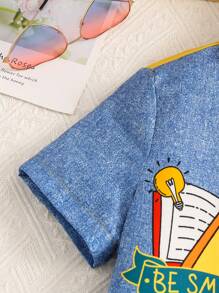 Tween Girls Cartoon Graphic Button Front Shirt Dress, School, Campus, College - Yellow - View 3