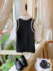 2pcs/Set Baby Girls' Spring/Autumn Outfits - White Minimalist Long Sleeve Shirt For Layering And Knitted Tank Dress To Show Your Figure, College-Style, British Fashion, Korean-Style