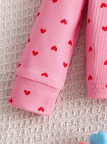 SHEIN 嬰兒女孩心形紋織物保暖睡衣套裝，長袖上衣和長褲，舒適親膚 - 淺粉色 - 查看 3