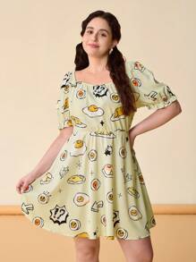 Gudetama X SHEIN Niedliches Cartoon-Ei-Muster Puff-Ärmel Sommerkleid in Große Größen