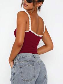 INAWLY Contrast Lace Cami Top For Summer - Burgundy - View 2