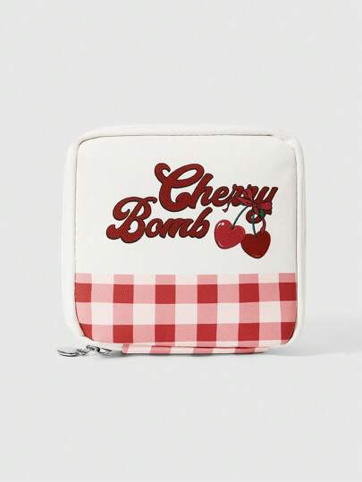 Kawaii Bolsa cosmética portátil de gran capacidad en forma de cuadrado, con estampado a cuadros y de cereza de dibujos animados, estilo 918129