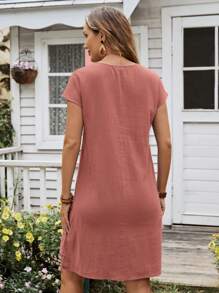 EMERY ROSE Vestido de verano para mujer con cuello redondo y manga corta con dobladillo múltiple - Rosa vieja - Ver 2