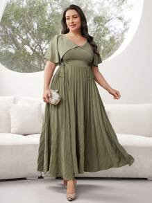Modelyn Plus Size Women's Solid Color V-Neck Ruffled Short Sleeve Waist Tie Elegant Dress, Summer - Olive Green - View 5