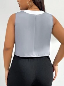 SHEIN Essnce Plus Size Color Block Sleeveless V-Neck Blazer - Grey - View 2