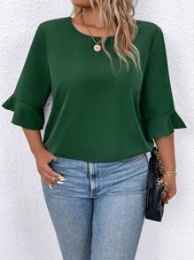 SHEIN LUNE 大尺寸圓領純色夏季休閒襯衫 - 墨綠色 - 查看 4