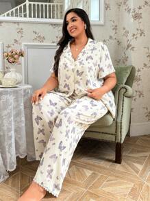 CottageSlumber Bubble & Wrinkle Butterfly Printed Collared Casual Plus Size Short Sleeve Top And Long Pants Pajama Set - Multicolor - View 4