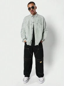 SUMWON Veste en jean délavé clair oversize usée avec bordure brute, design applique à lettrage déclaratif, pour le festival irlandais streetwear, avec charme de la Saint-Patrick porte-bonheur - Vert - Voir 4
