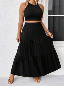 SHEIN Clasi 大尺碼純色無袖上衣和荷葉邊裙子，2件套組合 - 黑色 - 查看 3