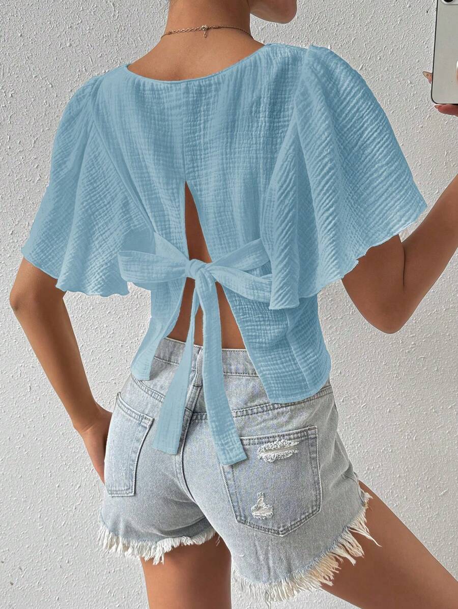 Chiquease Bluse mit einfarbigem Design, Schmetterlingsärmel und gebundenem Rücken