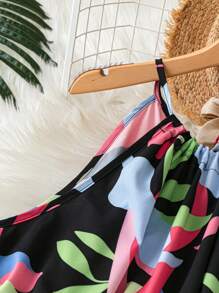 SHEIN Clasi 加大碼細肩帶無袖全印花裙，腰部帶帶和褶皺邊緣設計