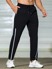 Pantalones deportivos para hombre con cintura ajustable y cinta de contraste, pantalones de chándal, pantalones para hombre de estilo de novio - Negro - Ver 6