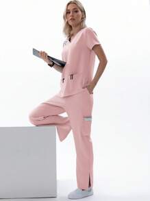 TaskEZ Conjunto de uniforme de enfermera para mujer con coordinación de pantalones y camiseta de manga corta, 2 piezas, para verano - Rosa - Ver 6