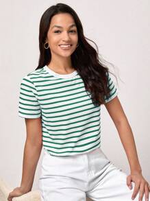 SHEIN BASICS 春夏款休閒條紋印花T恤 - 綠色 - 查看 5