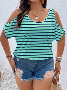 Franclia Camiseta holgada de manga corta y hombros abiertos a rayas para mujer de talla grande, camisetas gráficas de verano para mujeres, Día de San Patricio