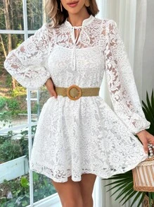 SHEIN VCAY Vacation Women's White Wedding Elegant Romantic Lace Two-Piece Dress Set - White - View 1