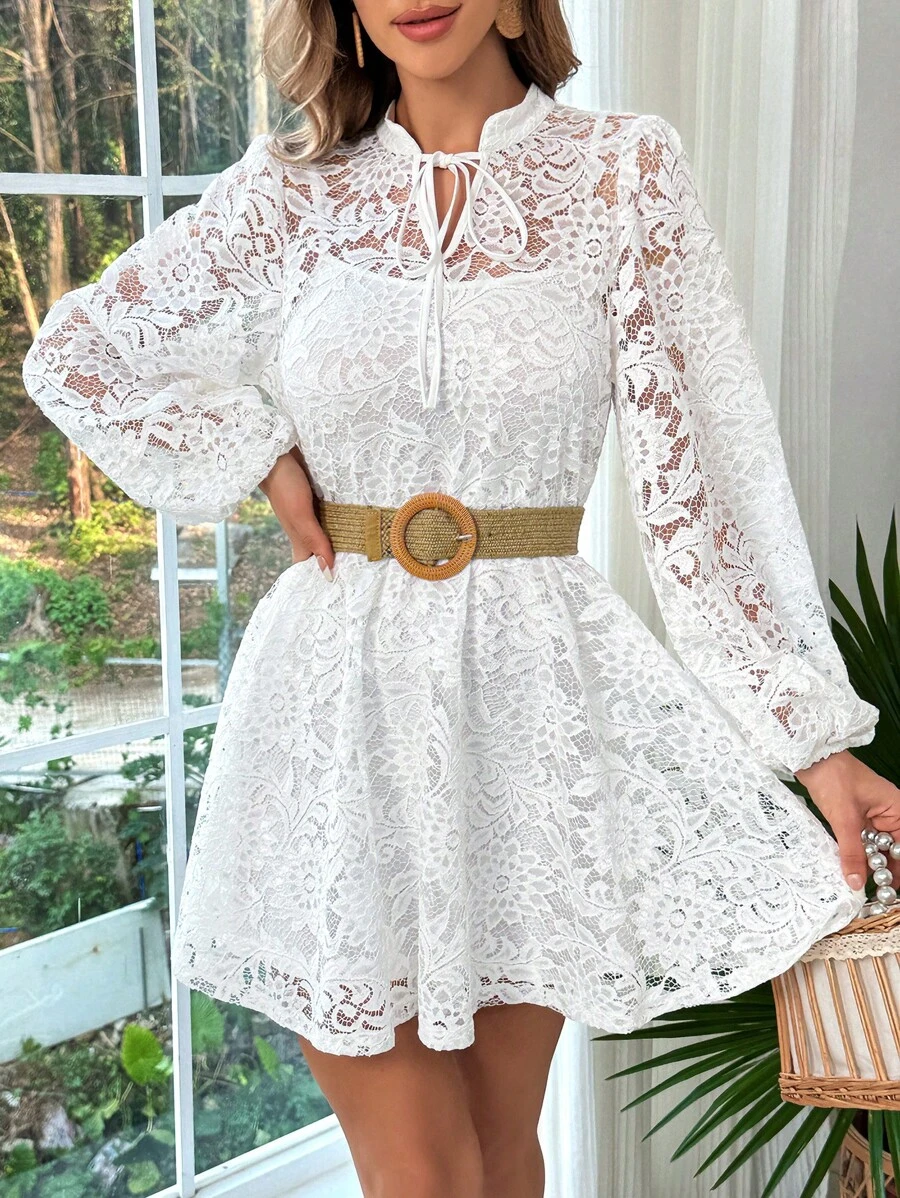 SHEIN VCAY Vacation Women's White Wedding Elegant Romantic Lace Two-Piece Dress Set - White - View 1