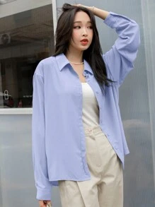 DAZY Solid Button Front Drop Shoulder Casual Shirt In Women,Fall Women Clothes Long Sleeve Top - Blue - View 4