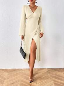 SHEIN Swim Ladies' Solid Color Simple Daily Open-Back Long Sleeve Cover Up Summer - Beige - View 3