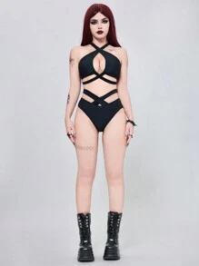 ROMWE Goth Women's Solid Color Cutout Crossed Halter Bikini Set For Summer Beach - Black - View 5