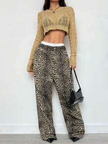 SHEIN Unity Solid Long Sleeve Crop Sweater Without Bra For Dailywear, Knit Pullover Fall Winter - Khaki - View 5