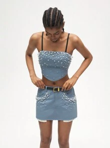 Maija Women Pearl Decor Cropped Camisole Top, Summer - Blue - View 5