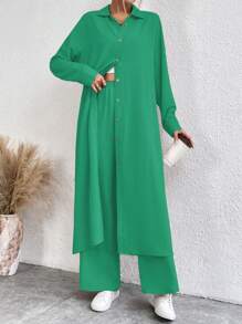 SHEIN LUNE Solid Single Breasted Batwing Sleeve Coat & Wide Leg Pants