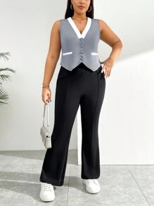 SHEIN Essnce Plus Size Color Block Sleeveless V-Neck Blazer - Grey - View 4