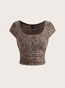 SHEIN Essnce Summer Casual Leopard Print Crew Neck Women's Slim Fit T-Shirt Inside Out Airport Outfit Teacher T-Shirt Back To School T-Shirt Old Money Style Outfits Going Out Top,2pcs