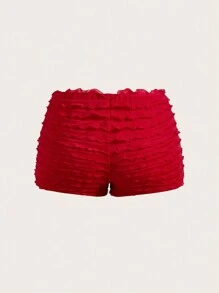 SHEIN Essnce Damskie, codzienne, modne, czerwone, niskie, dopasowane, elastyczne mini szorty damskie, bokserki damskie, szorty z falbankami, czerwone szorty, czerwone spodnie, szorty na każdy mecz, Tomato Girl Coquette, letnie, kawaii, kokardki, damskie, marszczone mikro mini szorty - Czerwony - Zobacz 2