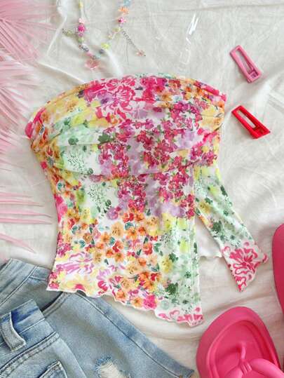 Soleia 女士度假风格不对称开衩设计网眼碎花短款上衣，适合海滩、婚礼、夏季音乐节，波西米亚风粉色胸罩